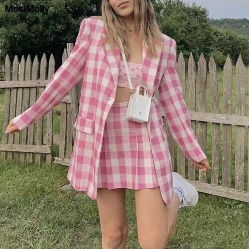 MosiMolly 2021 Cotton Plaid Blazer Coats Pink Plaid Outerwear Coats Blazer Jacket Coats Streetwear