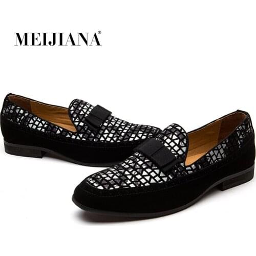 MEIJIANA Handmade Genuine Patent Leather And Nubuck Leather Patchwork With Bow Tie Men Wedding Black Dress Shoes Men Loafers