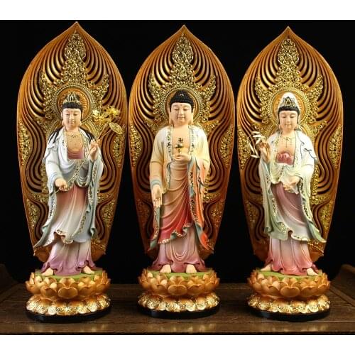 A set 3PCS HOME shrine protection Buddhism XI FANG SANSHENG Standing Guan yin Amitabha Mahasthamaprapta Buddha statue Large 51CM