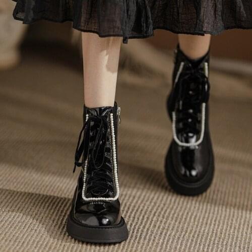 2021 New Spring and Autumn Martin Boots Womens Single Boots Thick-soled Thin Boots British Style Pearl Lace Ankle Boots
