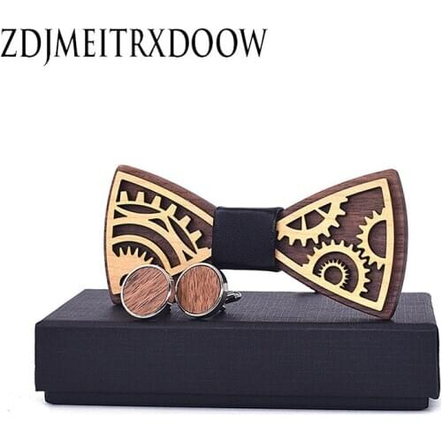 New design Gear wheel Wooden Bow Tie Mens Wood Bowtie Cufflinks Set Brand Business Neckties Cuff Links for Wedding Groom