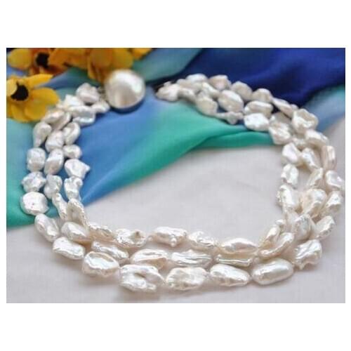 3strands 19mm BAROQUE white KESHI REBORN PEARL NECKLACE mabe clasp