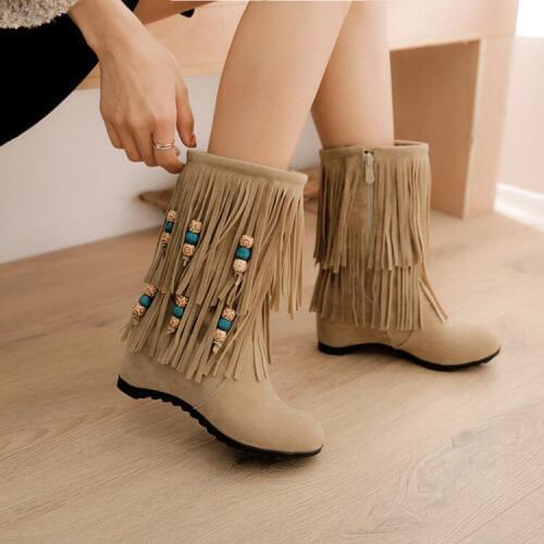 PXELENA Hot New Autumn Winter Tassel Boots Women Ethnic Bohemia Beads Fringe Mid Calf Boots Hidden High Heels Shoes Faux Suede