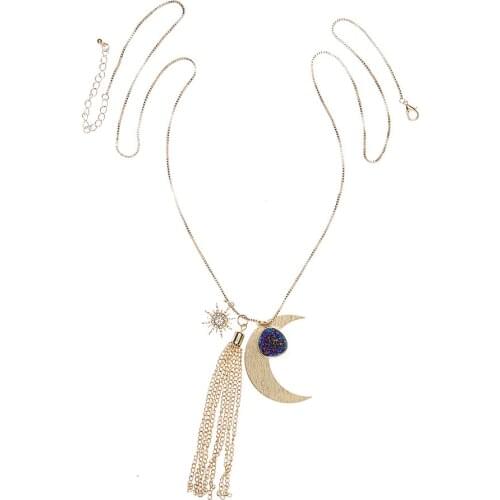 GOLD PLATED PAVE STAR PLAIN MOON GLITTER CHAIN TASSLE NECKLACE