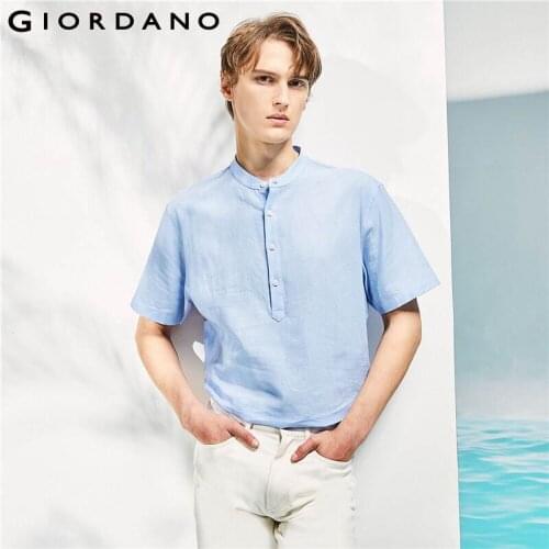 Giordano Men Shirts Linen Cotton Stand Collar Shirt Half Placket Plain Short Sleeves Curved Hem Casual Shirts 01041481