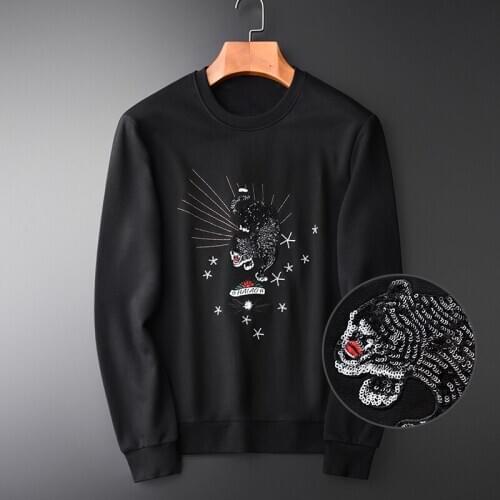 Panther Embroidery Luxury Handwork Sequin Round Collar Sweatshirts For Men Spring Autumn Sweatshirt Male
