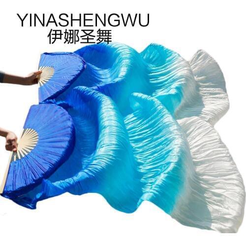 Stage Performance 100% Silk Belly Dance Fans Gradient Colour Dance Accessories Belly Dancing Silk Fan royal blue+turquoise+white
