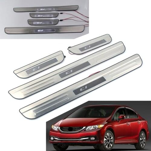 4Pcs Car Door Sill Scuff Plate Guard Cover w/ White LED Light For Honda Civic 2006 2007 2008 2009 2010 2011 2012 2013 2014 2015