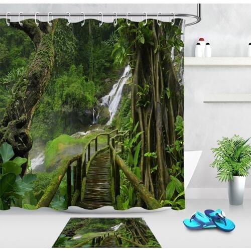 Green Tropical Forest Wooden Bridge Shower Curtains Bathroom Curtain Nature Landscape Waterproof Fabric For Art Bathtub Decor