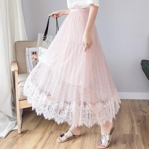 TingYiLi Lace Tulle Skirt Korean Style Elegant Maxi Skirt Black White Gray Pink Women Skirt Long