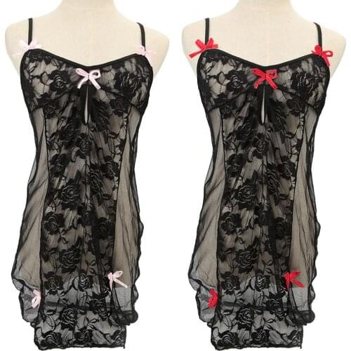Women\s Sexy Deep V Neck See Through Bowknot Decor Home Large Size Nightwear Sleepwear Dress