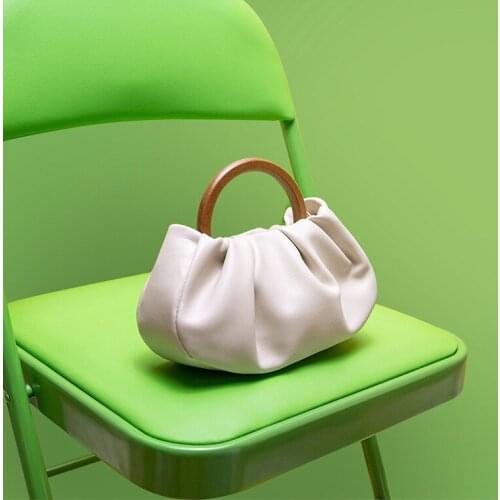 Women Bag PU Bucket Wood Handle Chains Fashion Solid Hasp SOFT Folded Shoulder Bags Handbags Purse Korean Lady Girls Bag Sweet