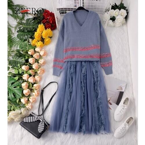 2020 Autumn Winter Fashion Casual Work Women Set Knit Sweater O-neck Long Sleeve Tops Pullovers + Mesh Skirts Suit Two Piece Set