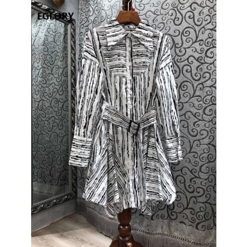 100%Cotton Dress Clothing 2021 Spring Fashion Style Women Turn-down Collar Striped Print Full Sleeve Casual Long Shirt Dress
