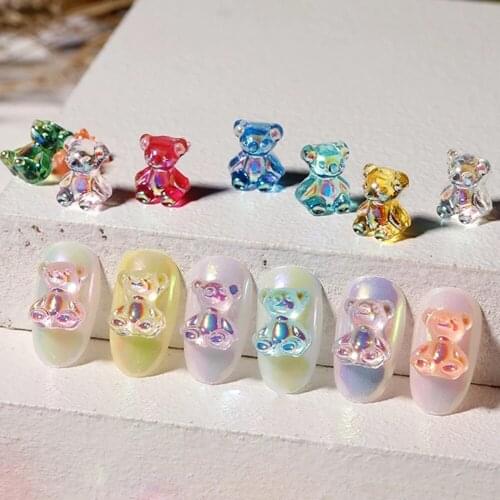 10pcs/pack 3D Aurora Bear Crystal Resin Nail Art Accessories Kawaii Bear Rhinestone Gems Decoration Manicure Fingernail Diy Tips
