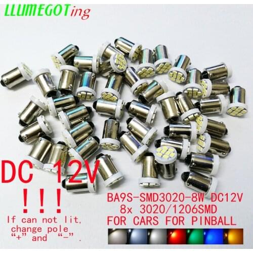 100pcs BA9S T4W #44 #47 LED Bulb 8 SMD 3020 1206 Colorful Super Bright 12V Auto Backup Light Wedge Roof Dome Reading Lamp