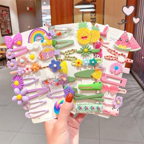14 Pieces Girls Hairpin Hair Accessories Cartoon Flowers Fruit Hair Clip Child Cute Animal Rainbow Bow Side Clip Kids Headdress