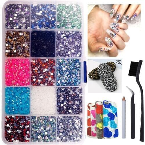 15 Grids 15000Pcs/Box Mixed Colour Crystal DIY Nail Art Rhinestones Resin Nail Stones Beads Studs Flat Back Nail Art Decorations