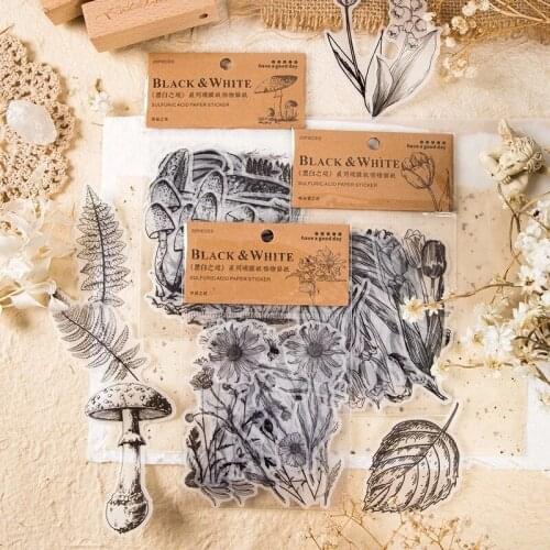 20pcs Black And White Vintage Retro Mushroom Leaf Flower Plant Stickers Decals For Scrapbooking Journal Planner Card Making