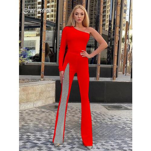 2021 New Summer Womens Sexy One-shoulder Long-sleeved Bodycon Bandage Dress Elegant Shiny Patchwork Wide-leg Jumpsuit