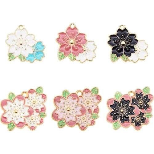 Julie Wang 6PCS Enamel Cherry Blossom Charms Sakura Flowers Mixed Colors Pendants Alloy Gold Tone Jewelry Making Accessory