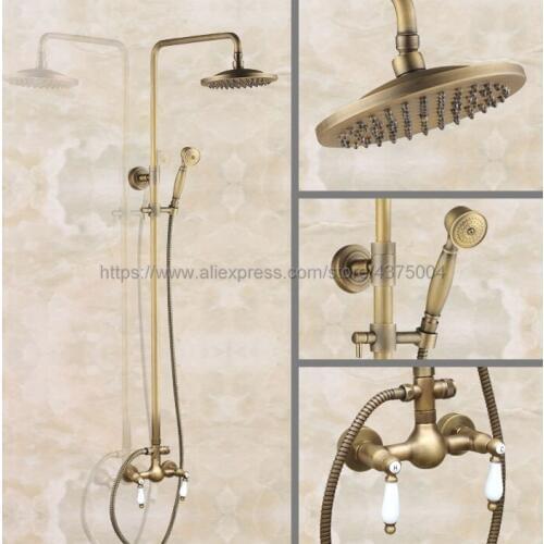 Antique Brass Wall Mount 8 inch Bathroom Shower Faucet Mixer Taps Dual Handle with Hand Held Shower Nan113