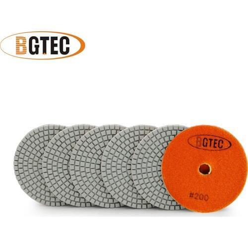 BGTEC 4inch 6pcs #200 wet diamond flexible polishing pads 100mm grinding disc for granite, marble, ceramic