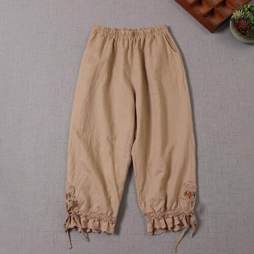Japan Style Mori Girl Cotton and linen Lace Embroidery Casual Pants Elastic Waist Harem Pants Women