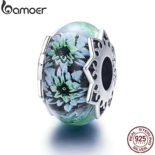 BAMOER 100% 925 Sterling Silver Chrysanthemum Flower European Glass Beads Fit Charm Bracelets Necklaces Jewelry Gift SCC1011