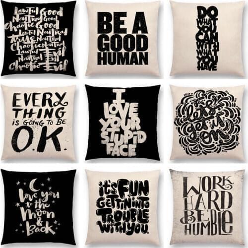 Black White Pattern Decorative Letters Fun Words Meaningful Saying Short Sentences Good Ok Cushion Cover Sofa Throw Pillow Case