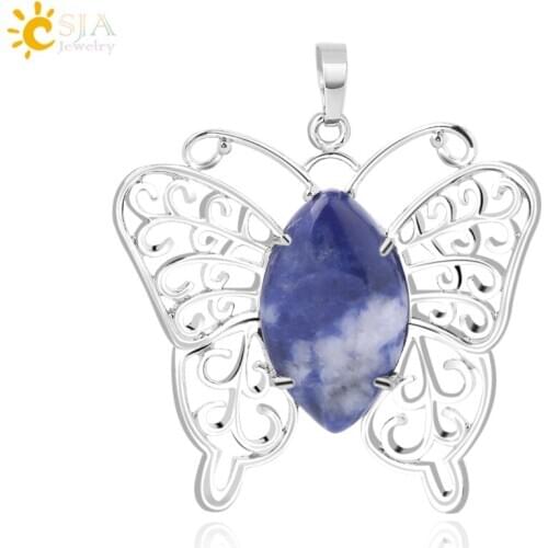 CSJA Butterfly Pendant Natural Crystal Hollow Wing Animal Pendants for DIY Necklace Horse Eye Gem Stone Women Charm Jewelry F768