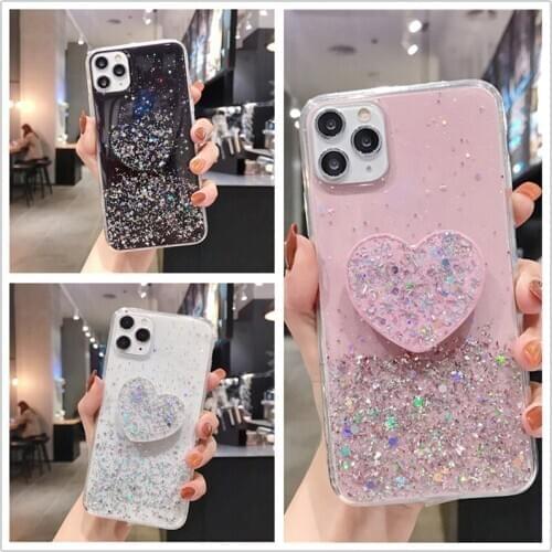 For Samsung Galaxy S20 Plus S9 S8 Plus A80 3D Pink Lovely heart Holder stand Glitter silicone soft phone case Socket back cover