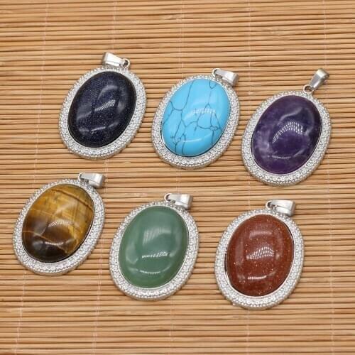 Natural Stone Elliptical Pendant Aventurine Jades Amethysts Charms for Jewelry Making DIY Necklace Accessories Gift for Women