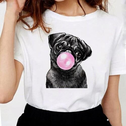 Bubble Gum Dog Graphic T Shirts Women Soft Polyester Tees Women Funny Animal Cartoon Pattern Print White Watercolor Tops