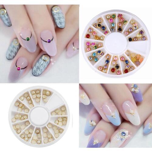 Hotsale 3d Japanese Nail Art Pearls With Gold Trim Around nail wheel charms nail art pearl decoration