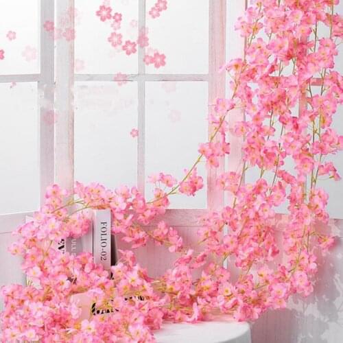 Artificial Cherry Blossom Flower Rattan Wall Decoration 2M/78.74inch Flower Head Fake Flower Hanging Wedding Decor Pink Garland