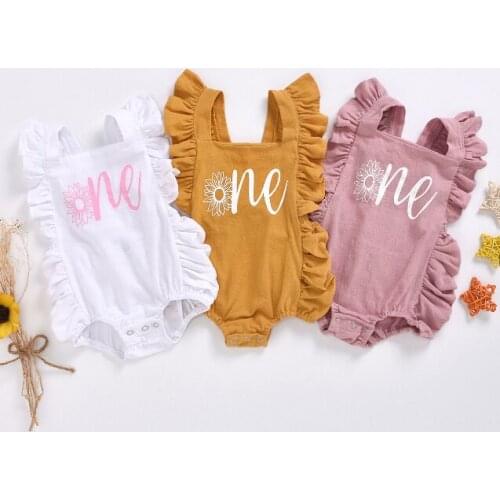 0-24M Newborn Infant Baby Girls Ruffles Romper Letter One Sunflower Jumpsuit 1st Birthday Baby Girl Clothes Soft