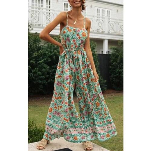 Super Chic bohemian floral print staps jumpsuits for women Boho Bodysuits Rompers cotton belt teid wild legs jumpsuit romper new