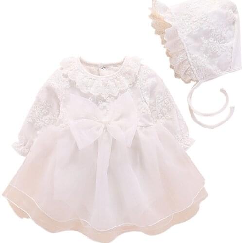 Newborn Baby Girls Lace Christening Gown Infant Cotton Bow Ruffles Baptismal Dresses Flower Girl First Birthday Vestido for Bebe
