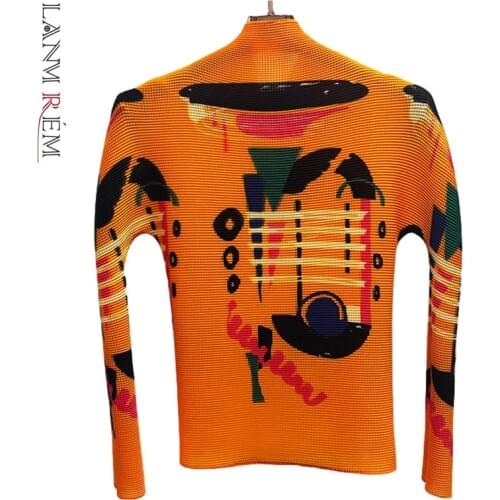 LANMREM Womens 2021 Autumn Pleated Turtleneck Slim Fashion Fit Long Sleeve Fashion Lightweight T-shirt Casual Orange Top 2A2335