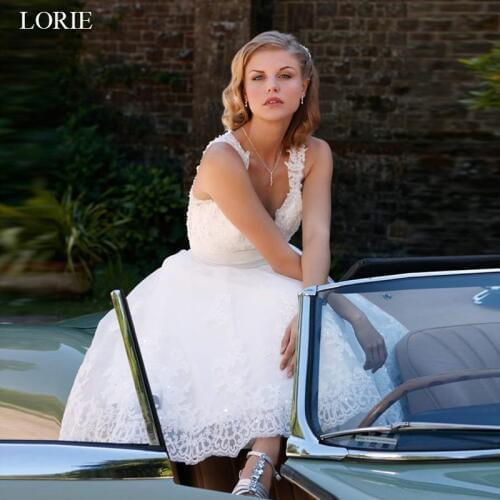 LORIE short wedding dresses 2019 vintage Lace bridal gowns A-line Sleeveless vestido de noiva custom made wedding party dress