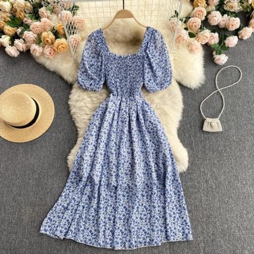 Sweet dress womens summer dress 2021 Square collar Floral Chiffon new style puff sleeve stretch slim mid-length floral holida