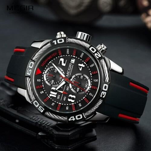 MEGIR Mens Fashion Sports Quartz Watches Silicone Strap Chronograph Analogue Wrist Watch for Man Military Casual Watch 2055G