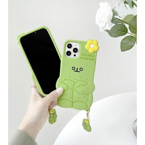Soft Silicone Cute Cartoon Lazy Cactus Phone Case for Iphone 12 11pro Max Xr Xs Max 6 6s 7 8 Plus Back Cover Funda Coque Pendant