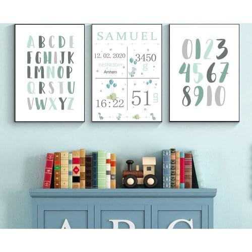 Boy Custom Name Birth Print ABC Alphabet Wall Art Canvas Painting Number Enlightenment Poster Picture Nursery Decor Baby Room