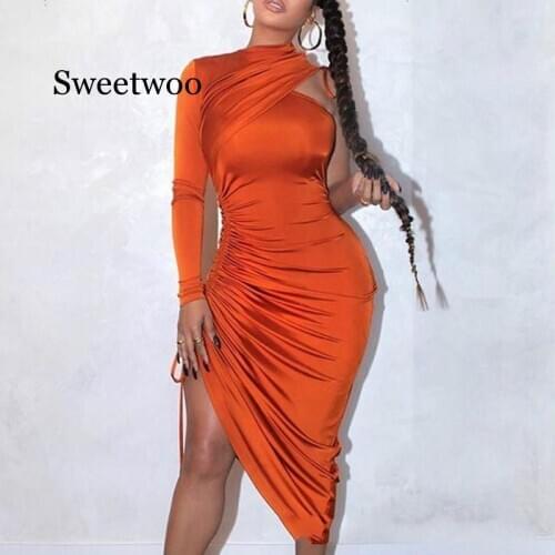 One Shoulder Drawstring Ruched Dress Elegant Night Out Bodycon Party Dress