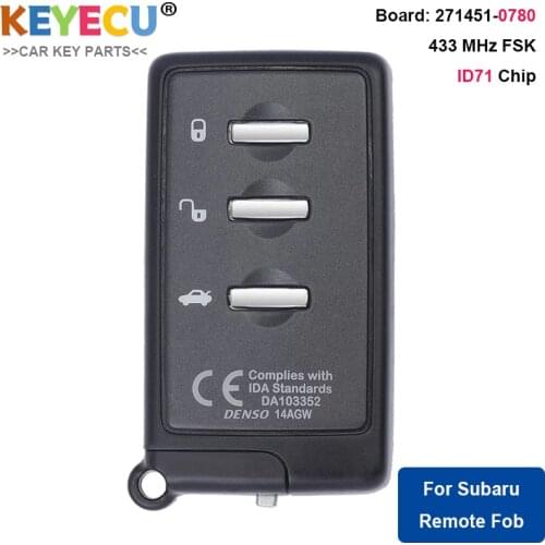 KEYECU Smart Remote Key 3button 433MHz ID71 271451-0780 DENSO 14ACA for Subaru Forester Impreza Legacy 2007-2014 P/N: 88835AG010