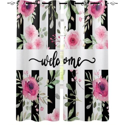 Pink Flowers Black Stripes Wedding Welcome Blackout Curtains Bedroom Blinds Drapes Window Curtains For Living Room High Shading