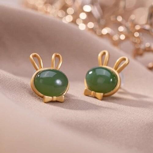 Natural Green Jadeite Earrings S925 Silver Cute Bunny Stud Earrings For Women