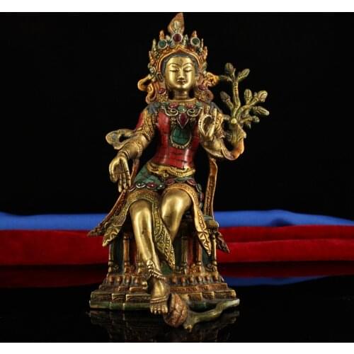 Tibet Temple Collection Old bronze outline in gold mosaic Gem Green Tara Seven Eyes Tara Bodhisattva Sitting Buddha Town House